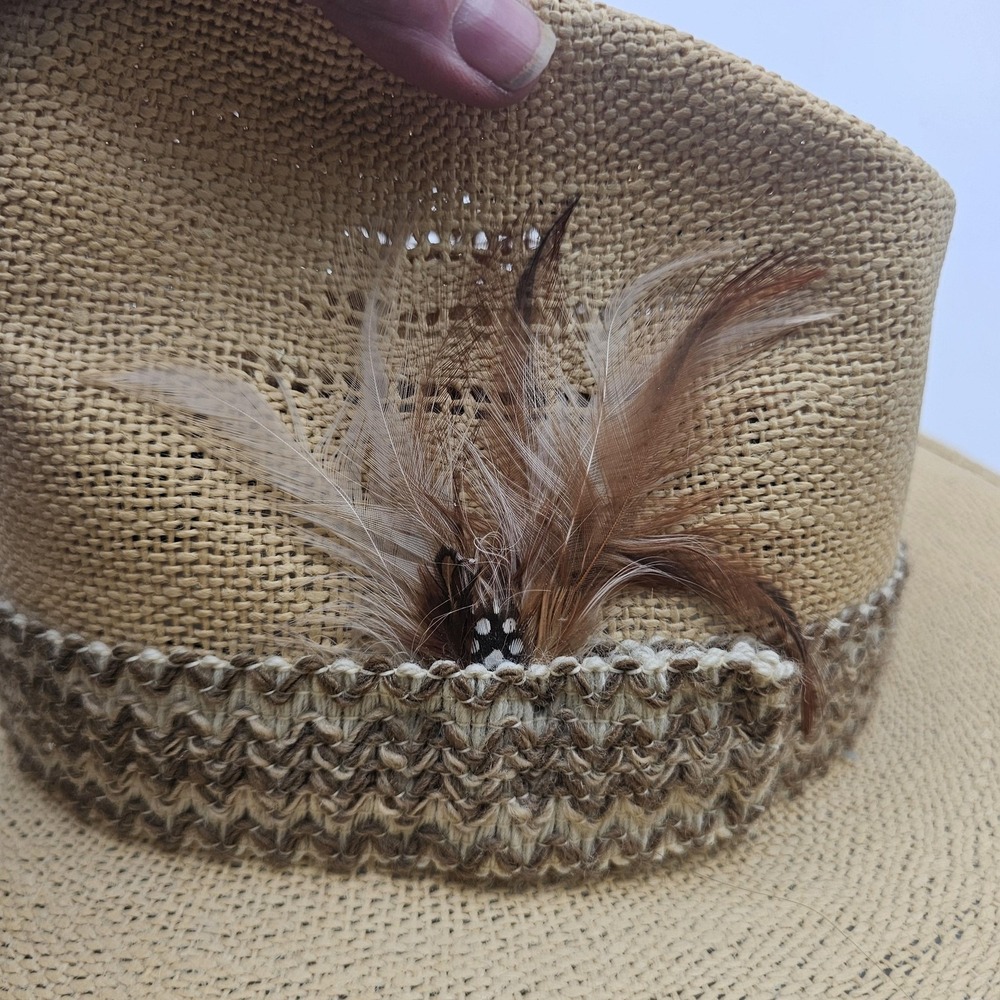 Resistol Stagecoach Hat Cowboy Fitted Mens 7 5/8 Beige Straw Feather Western - Picture 6 of 12